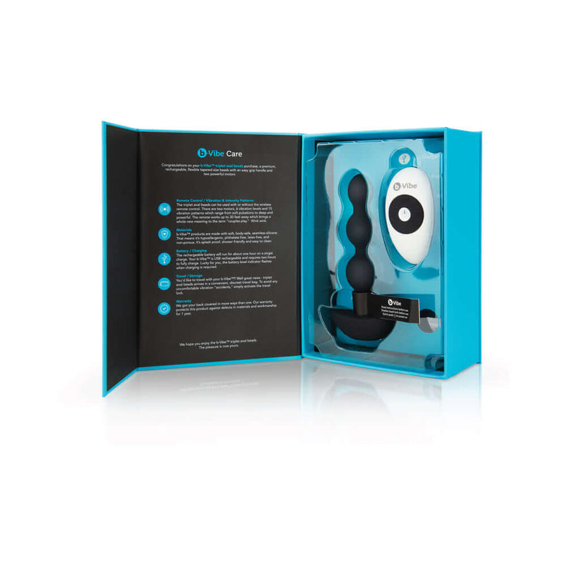 b-Vibe Triplet Remote Controlled Anal Beads Plug Black in packaging with remote and product details visible.