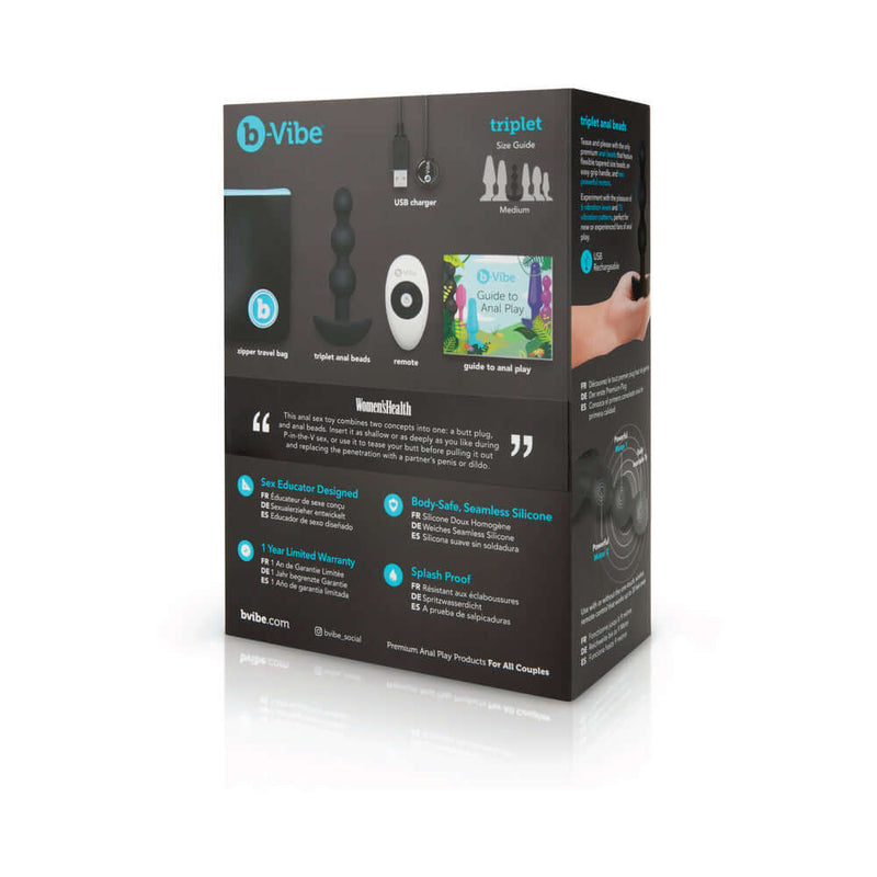 b-Vibe Triplet Remote Controlled Anal Beads Plug Black packaging with features and instructions for use.