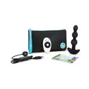 b-Vibe Triplet Remote Controlled Anal Beads Plug Black with remote, charger, and storage pouch.