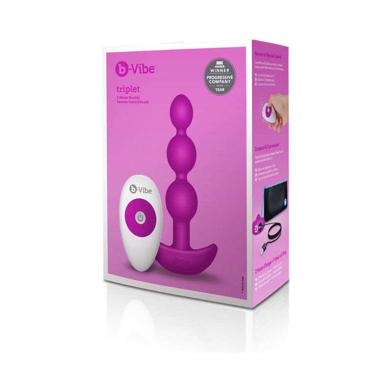 b-Vibe Triplet Remote Controlled Anal Beads Plug Fuchsia in stylish packaging with remote control.