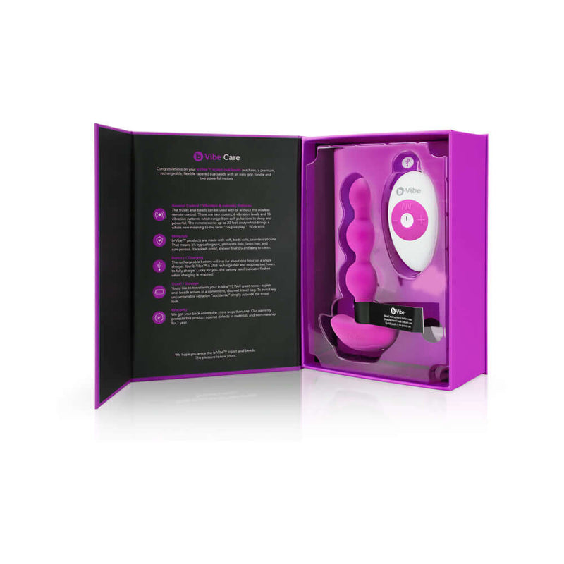 b-Vibe Triplet Remote Controlled Anal Beads Plug Fuchsia packaging with remote control displayed inside.