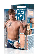 Boy 19 Teen Twink Stroker Miles Mathews packaging featuring a realistic stroker and the model's pose.