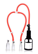 Master Series Clit and Nipple Pump Red with three-way suction system and clear cylinders for enhanced stimulation.