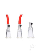 Master Series Clit and Nipple Pump Red components, featuring red hoses and clear suction cylinders for stimulation.