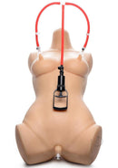 Master Series Clit and Nipple Pump Red on a mannequin demonstrating the suction system.