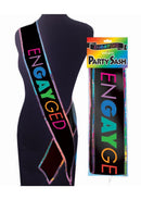 Engayged Pride Party Sash Black and Rainbow displayed on a mannequin, featuring bold rainbow lettering.
