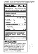 Nutrition facts for Candyprints Suck A Bag Of Dicks Candy Display 100 Bags showing calorie and ingredient details.