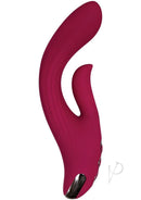 Evolved Red Dream Rechargeable Silicone Vibrator Burgundy in a curved design, showcasing dual motors and a sleek burgundy finish.