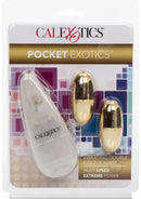 Pocket Exotics Vibrating Double Gold Bullets Wired Remote with two gold massagers and controller packaging.