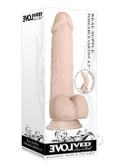 Real Supple Girthy Poseable 8.5 Inch Dildo with Balls packaging, featuring a lifelike design and suction cup base.