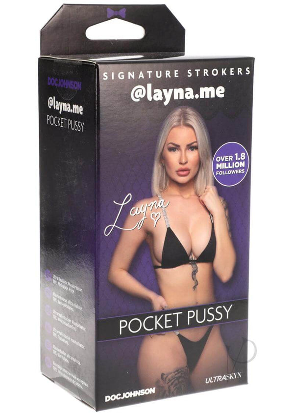 Signature Strokers Lanya Me Pocket Pussy Ultraskyn packaging shown with @layna.me branding.