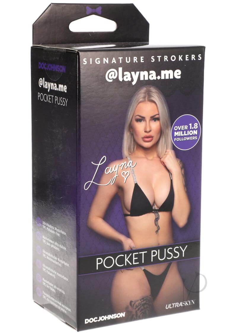 Signature Strokers Lanya Me Pocket Pussy Ultraskyn packaging shown with @layna.me branding.