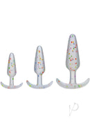 Mood Pride Anal Plug Training Set featuring three rainbow confetti silicone plugs in sizes 3, 4, and 5 inches.
