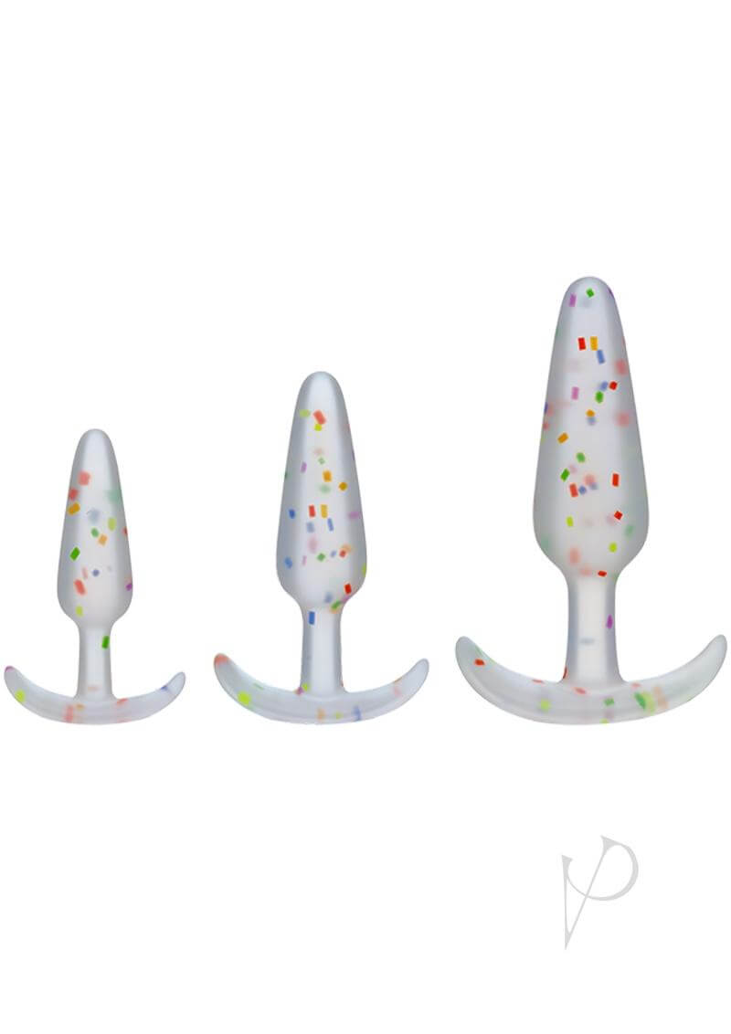 Mood Pride Anal Plug Training Set featuring three rainbow confetti silicone plugs in sizes 3, 4, and 5 inches.