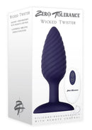Zero Tolerance Wicked Twister Vibrating Butt Plug Purple packaging showcasing its textured design and remote control features.