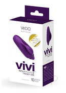 VeDO Vivi Rechargeable Silicone Finger Vibrator Deep Purple packaging with 10 vibration modes.