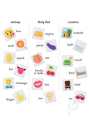 Emojigasm Dice Foreplay Party Game for Couples prompts showing activities, body parts, and locations for playful foreplay.