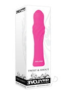 Evolved Twist and Shout Silicone Rechargeable Vibrator Pink in packaging, featuring a flexible design and vibrant color.