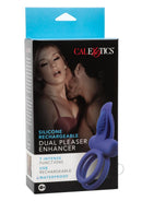 CalExotics Silicone Dual Pleasure Cock Ring Blue packaging featuring USB rechargeable and waterproof design.