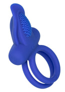 CalExotics Silicone Dual Pleasure Cock Ring Blue featuring a textured clitoral teaser and dual rings for enhanced pleasure.