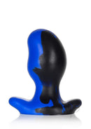 Oxballs Ergo Silicone Butt Plug Large Police Blue Swirl in a smooth ergonomic design with a black swirl pattern.