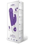The Rabbit Company Sonic Rabbit Silicone Vibrator Purple packaging featuring thrusting technology and realistic design.