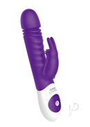 The Rabbit Company Sonic Rabbit Silicone Vibrator Purple showcasing its thrusting design and dual stimulation features.