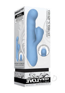 Evolved Thump and Thrust Silicone Clitoral Vibrator Blue packaging showcasing design and features.