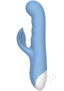 Evolved Thump and Thrust Silicone Clitoral Vibrator Blue featuring a thrusting G-spot shaft and winged clitoral stimulator.