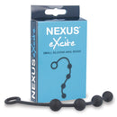 Nexus Excite Silicone Anal Beads Small Black packaging with smooth silicone beads displayed.