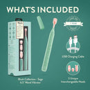 Sage Rechargeable Oscillating Wand Vibrator Green, USB charging cable, and three interchangeable heads included.