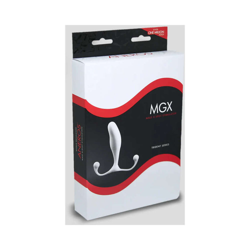 Aneros Trident Series MGX Prostate Stimulator packaging featuring sleek design and product details.