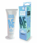 Numb AF Anal Cooling Numbing Cream 1.5 Oz tube and packaging, promoting a comfortable experience.