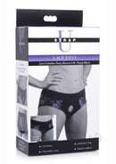 Strap U Lace Envy Crotchless Panty Harness Small to Medium packaging with purple and black design.