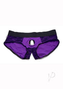 Strap U Lace Envy Crotchless Panty Harness Small to Medium in purple lace and fabric design.