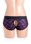 Strap U Lace Envy Crotchless Panty Harness Small to Medium in purple lace design, showcasing rear view.