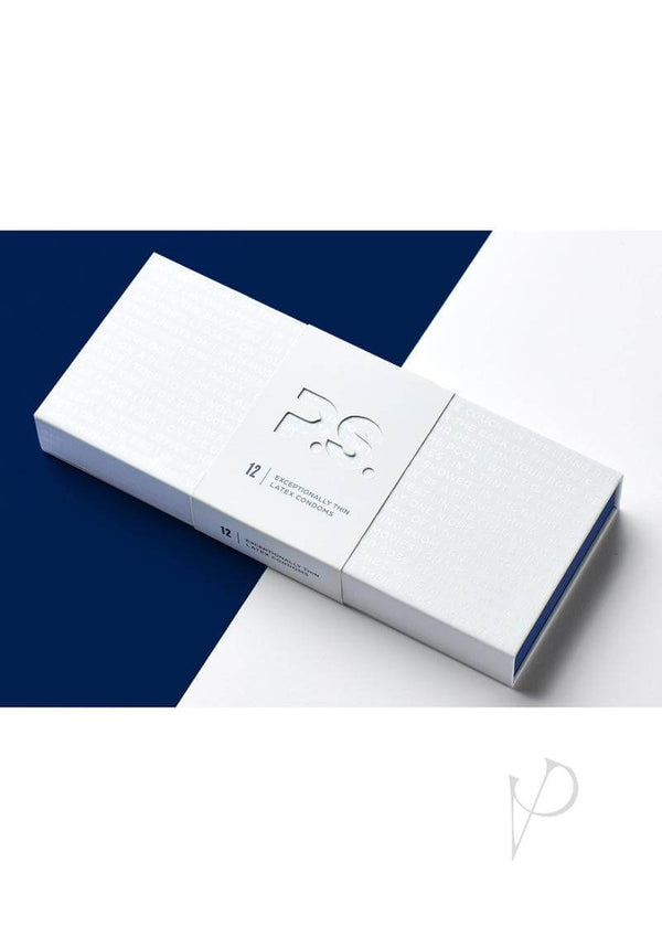 P.S. Exceptionally Thin Latex Condoms 12 pack in an elegant white box, showcasing premium quality and design.