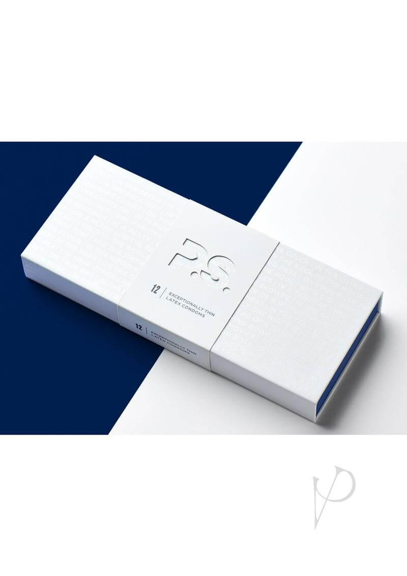 P.S. Exceptionally Thin Latex Condoms 12 pack in an elegant white box, showcasing premium quality and design.