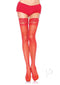 Leg Avenue Stay Up Lycra Sheer Thigh High Plus Size Red stockings with lace trim, worn with stylish shorts and heels.