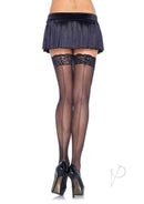 Leg Avenue sheer black stockings with lace top and backseam, worn with a pleated black skirt and high heels.