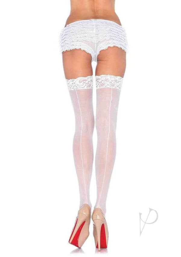 Leg Avenue Sheer Stocking with Backseam and Lace Top White displayed on model from behind, showcasing lace top and backseam design.