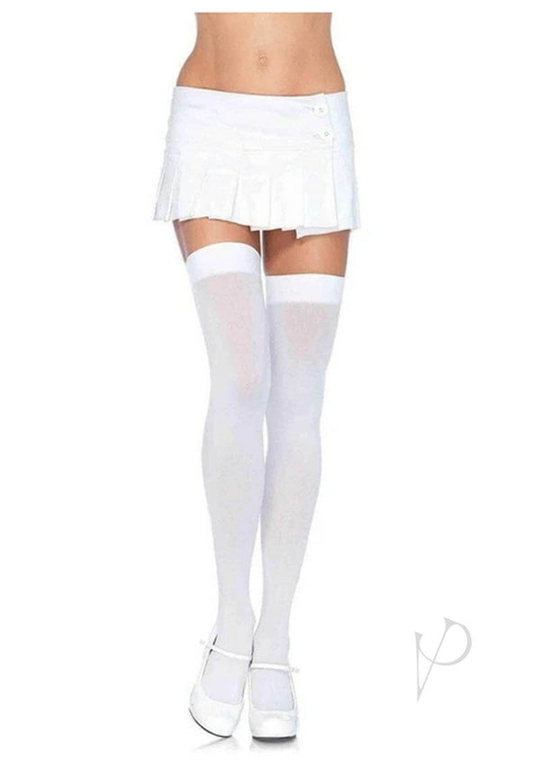 Leg Avenue Nylon Thigh High OS White, stylish thigh-high stockings worn with a white skirt, perfect for lingerie or costumes.