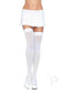 Model wearing Leg Avenue Plus Size White Nylon Thigh Highs with a short pleated skirt and heels.