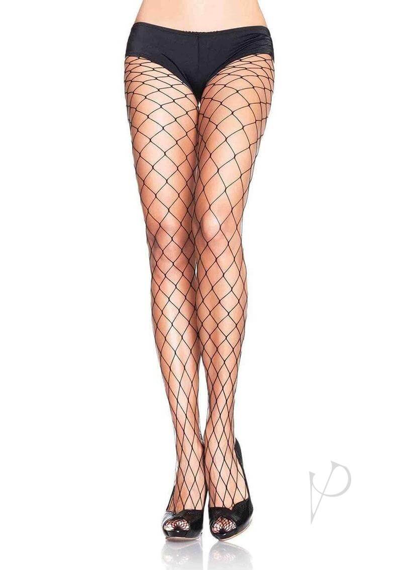 Plus size black boxy fishnet tights by Leg Avenue, showcasing bold fence net design, perfect for stylish lingerie and outfits.