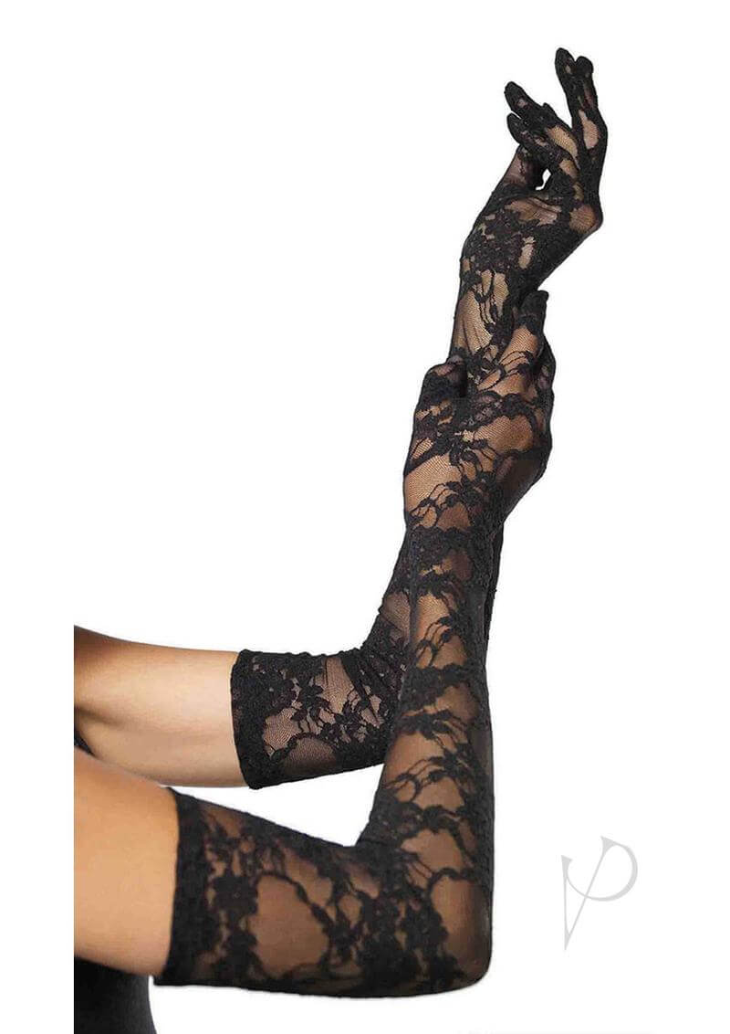 Model showcasing Leg Avenue Stretch Lace Elbow Length Gloves in black, perfect for adding elegance to any outfit.