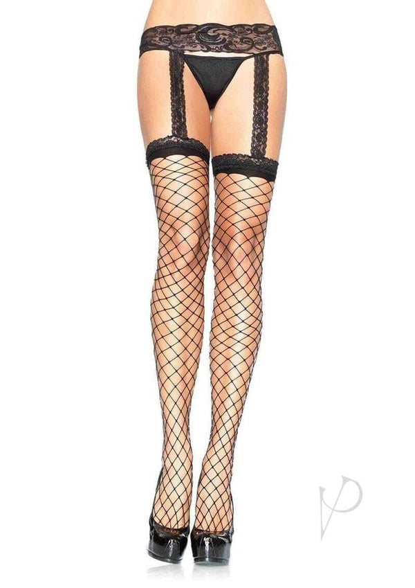 Leg Avenue Fence Net Thigh High with Lace Garter Belt Plus Size Black worn with a black thong and high heels.