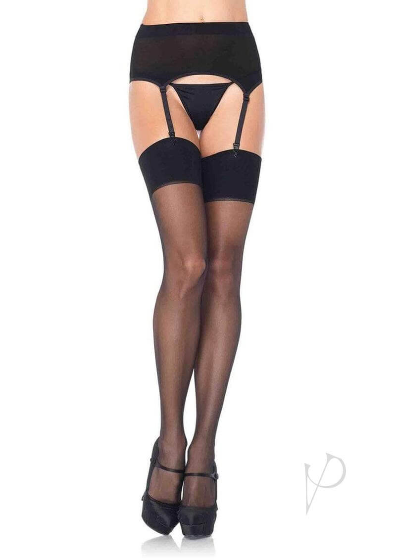 Leg Avenue Spandex Sheer Garter Belt and Stocking 2 pc Black on model showcasing seductive look with thigh-high stockings.