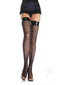 Model wearing Leg Avenue fishnet stockings with vinyl top, showcasing thigh-high style and classic fishnet pattern.