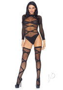 Leg Avenue Criss Cross Bodysuit and Thigh High Set Black featuring a sheer bodysuit and thigh highs in a striking look.