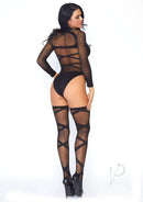 Leg Avenue Criss Cross Bodysuit and Thigh High Set Black shown on model from the back, featuring sheer mesh and crisscross design.